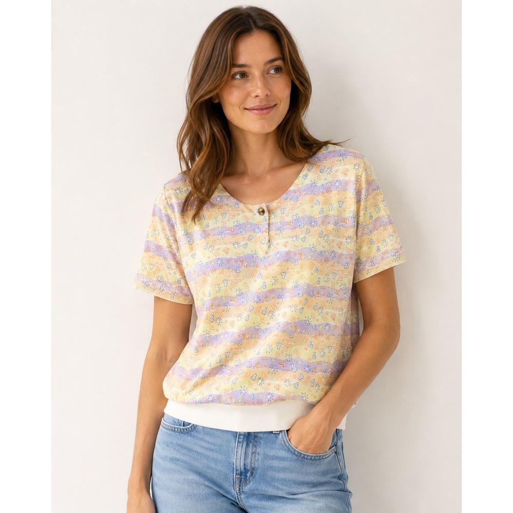 Paradise Bay Petites Nautical Beach Print Henley Top Pastel Striped Vintage PL‎